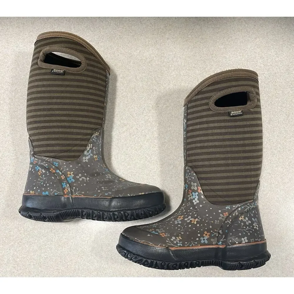 BOGS Kids Classic Flower & Stripe Brown Rain/Snow Boot Youth Size 12 -Outdoors